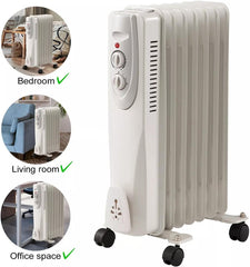 Portable Oil Filled Radiator Space Heater, 1500W, 7-Fin, 3 Heat Settings, White