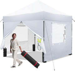 White 10x10 FT Pop Up Canopy Tent with 1 Sidewall, Heavy Duty Canopy for Outdoor, Commercial Instant Gazebos, for Party, Patio, by Kendane.