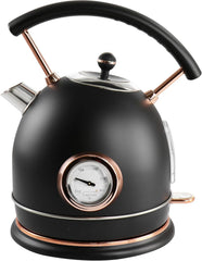 1.9 Quart Electric Tea Kettle with Thermostat – Retro Half Circle Stainless Steel Kettle, Fast Boil with Temperature Gauge, Cordless Base, Matte Black or White Finish (Black)