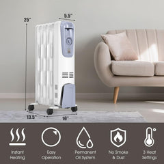 Tangkula Oil Filled Radiator Heater, 1500W Portable Space Heater Radiator with Adjustable Thermostat, 3 Heat Settings, Overheat & Tip-Over Protection, Electric Radiant Heater for Indoor use