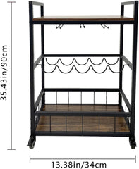 3-Storey Home bar Trolley on Wheels, Wine cart, Beverage cart, Rolling Beverage cart with Wine Rack and Glass Rack, Kitchen, Living Room, Dining Room Service cart, Black