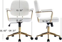 Teddy Velvet Makeup Office Desk Chair Bling Desk,Cute Vanity Chair with Side Arms and Wheels 360°,Bling Desk Nail Desk for Women,Adjustable Height, (White)