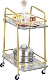 LOKO Gold Bar Cart, 2-Tier Liquor Cart with Lockable Wheels, Rolling Wine Cart Bar Serving Cart with 2 Shelves for Kitchen, Dining Room & Living Room, 24 x 16 x 32.5 inches