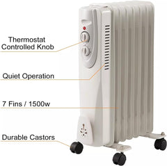 Portable Oil Filled Radiator Space Heater, 1500W, 7-Fin, 3 Heat Settings, White
