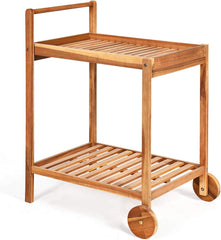 Rolling Serving Cart, Solid Wood Home Bar Cart with Handle with 2 Trays, Portable Serving Trolley for Kitchen, Dining Room, Patio, Teak