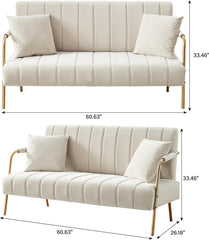 Modern Upholstered Velvet Loveseat Sofa,60 Inch Modern Small Sofa Couch,Loveseat with 2 Pillows and Gold Metal Feet,Office Couch for Small Space,Suitable for Living Room,Bedroom,Apartment Beige