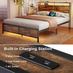 Queen Bed Frame with LED Lights Storage Headboard/Charging Station, Industrial Platform Camas Frame, Heavy Duty Mattress Foundation, Noise Free,No Box Spring Needed,Easy Assembly,Brown