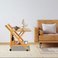 Bar Cart, 2 Tier Home Bar Serving Cart Wooden Mobile Kitchen Trolley Cart Rolling Kitchen Shelves with 3 Hole Wine Rack for Kitchen Dining Room Restaurant Party Bars