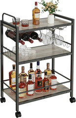 Home Bar Serving Cart, Serving Cart with Wheels and Handle, 3 Tier Rolling Kitchen Cart, Microwave Cart, Beverage Cart with Wine Holder and Glass Holders, for Dinning Room, Living Room, Kitchen
