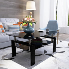 Living Room Coffee Table Rectangle Glass Coffee Table, Modern 2- Tiers Side Center Tables with Black Tempered Glass Top and Sturdy Metal Legs, Tea Tables Living Room Furniture, Black Glass
