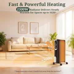 Oil Filled Radiator Heater for Indoor Use, Portable Large Room Radiant Space Heater 1500W with 3 Heat Settings Overheat & Tip-Over Protection, 11.8"D x 4.9"W x 22.8"H, White