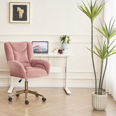 Green Velvet Office Chair,360 Swivel Makeup Chair with Gold Metal Base and Universal Wheels, Ergonomic Office Chair for Living Room, Bedroom, Office, Vanity Study (Pink +Teddy)