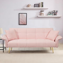 Modern Futon Sofa Bed, Velvet Convertible Upholstered Couch Bed Loveseat Sleeper, Folding Small Couches Loveseat, Reclining Foldable Rolled Arm with Pillow for for Small Spaces (Pink Velvet)