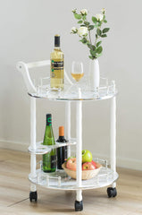 Bold Tones Round Wood Serving Bar Cart Tea Trolley with 2 Tier Shelves and Rolling Wheels, Silver, White and Gray