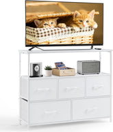 45'' TV Stand Dresser for Bedroom Television Stand Small, Entertainment Center with Storage for Living Room, 5 Fabric Drawers, Open Bookshelf, Grey