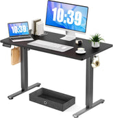 Electric Standing Desk with Drawer, Adjustable Height Sit to Stand Up Desk with Splice Board, Rising Home Office Computer Table with 2 Hook and Wire Hole for Work, Study or Gaming, 48IN x 24IN