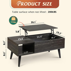 WLIVE Coffee Table for Living Room, Lift Top Coffee Table with Storage, Small Rising Wooden Dining Center Table with Storage Shelf & Hidden Compartment, 39" Rustic Brown