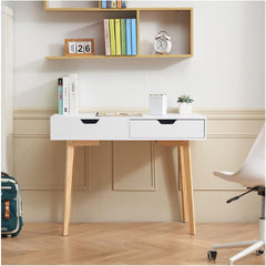 Small Desk with Drawers, Bedroom Desk, Study Table - White + Wood MDF Computer Writing Desk for Home Office