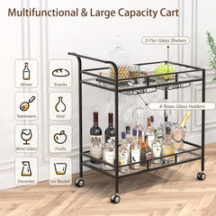 Black Bar Cart, Serving Cart with Wheels and Handle, Small Bar Cart with Wine Rack and Glass Holder, Modern Glass Beverage Cart, Mini Bar Carts for Small Spaces