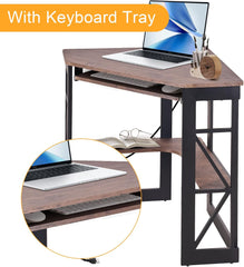 VECELO Corner Desk Computer Desk 41x30 inches with Charging Station & Keyboard & Storage Shelves for Small Space,Triangle Table for Home Office Bedroom,Rustic Natural Brown