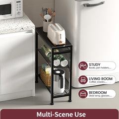 End Table for Small Space, 3-Tier Narrow Side Table with Magazine Holder, Nightstand, Skinny Snack Couch Table in Living Room, Bedroom Study and Balcony (Black)