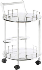 Bold Tones Round Wood Serving Bar Cart Tea Trolley with 2 Tier Shelves and Rolling Wheels, Silver, White and Gray