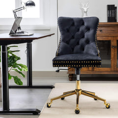 Office Chair Velvet Upholstered Tufted Button Chair with Golden Metal Base Adjustable Desk Chair Swivel Office Chair for Kitchen Living Room (Pink)