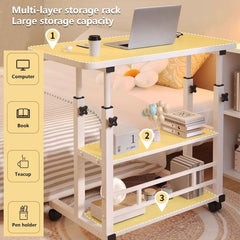 AIZYR Portable Desk Bedside Laptop Table with Wheels and Storage Shelves, Height Adjustable Computer Rolling Desk Student Desk for Home Office,White,60 * 40 * 60 cm