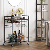 TUTOTAK Bar Cart, Serving Cart - for Home, Microwave Cart, Drink Cart, Mobile Kitchen Shelf with Wine Rack and Glass Holder, Rolling Beverage Cart, Black BC01BK031