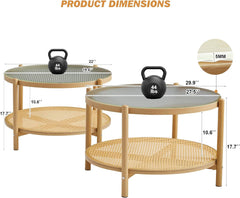 COSVALVE 27.5" Boho Rattan Coffee Table, Round Glass Metal Center Table, Modern Simple 2 Tier Middle Table for Small Space Living Room Bedroom Office Meeting Room