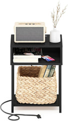 Furinno Moretti Side Table, 3-Tier End Table with Charging Station, Metal Frame Night Stand, Bedside Table with USB and Type-C Charging Port, for Living Room, Bedroom, Americano