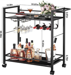 Bar Cart,Home Bar Serving Cart with Storage Shelves, 2 Tier Rolling Beverage Cart with Wheels, Modern Flowing Gold Wine Cart with Wine Rack and Glass Holder for Kitchen, Dinning Room,Living Room