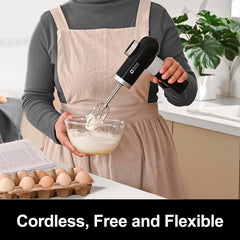 Kitchen in the box Cordless Rechargeable Hand Mixer for Kitchen, Portable Handheld Electric Mixer with Beaters, Whisks, 6-Speed Digital Display, Charging Base and USB-C Charge Cable (Pearl White)