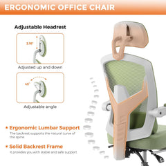 Ergonomic Office Chair, Home Office Computer Desk Chair with Lumbar Support, Height Adjustable Swivel Task Chairs with Armrests and Headrest, Green