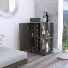 Bar Cart, Two External Shelves, Four Casters, Six Built-in Wine Rack, Single Door Cabinet -Espresso