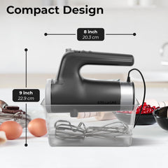 Electric Hand Mixer 9 Speed with Stainless Steel Whisk, Flat Beater & Dough Hook, Snap Storage Case, Compact Lightweight 350 W Powerful handheld mixer for Baking & Cooking, Gray