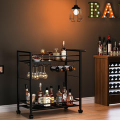 Bar Cart,Home Bar Serving Cart with Storage Shelves, 2 Tier Rolling Beverage Cart with Wheels, Modern Flowing Gold Wine Cart with Wine Rack and Glass Holder for Kitchen, Dinning Room,Living Room