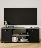 Bedroom TV Stand with 2 Bins, TV Entertainment Center with Storage for TVs Up to 50", Wooden TV Stand for Bedroom, Living Room