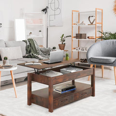 Lift Top Coffee Table with Hidden Compartment & 2 Storage Shelves - Living Room Dining Table with Rising Tabletop Lifttop Desk for Apartment, Home, Condo - Rustic Brown