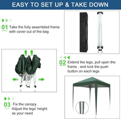 6x6 FT Portable Canopy, Camping Sun Shelter, Pop up Party Tent Water Resistant Oxford Fabric Cover, Steel Frame Foldable Design for Outdoor Events Includes Carry Bag and Instructions Green