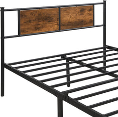 Full Metal Bed Frame with Wood Headboard, Heavy Metal Platform Bed Sturdy Steel Bar Support, Underbed Storage No Box Spring Required, No Noise Easy Assembly (Black+Brown, Full)