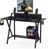 Hysache Gaming Computer Desk w/Cup Holder, Headphone Hook & Built-in Power Strip, Ergonomic Game Table, Home Office Desk Table Gamer Workstation, Black