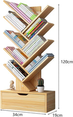 8 Tier Book Shelf 48 Inches Tall with Drawers, Kids Wood Bookshelf Modern Open Narrow for Books and Plants Display, Creative Tree Shape Etagere Bookcase for Bedroom, Living Room, Classroom Wooden Col