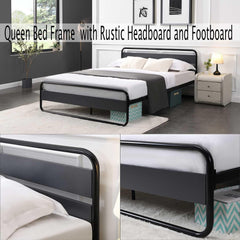 RIDFYIndustrial Queen Bed Frame with Headboard and Footboard, Heavy Duty Metal Platform Bed Frame with Storage Space, Rustic Camas Queen, Mattress Foundation/Box Spring Needed/Noise-Free/Easy Assembly