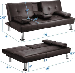 66'' Futon Sofa Bed Modern Folding Small Couch Bed PU Leather Convertible Recliner Lounge Sofa for Living Room with 2 Cup Holders, Removable Armrests, Sleeper Loveseat, Futon Set (Tan)