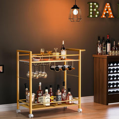 Bar Cart,Home Bar Serving Cart with Storage Shelves, 2 Tier Rolling Beverage Cart with Wheels, Modern Wine Cart with Wine Rack and Glass Holder for Kitchen, Living Room,Dinning Room,Black