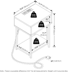 Furinno Moretti Side Table, 3-Tier End Table with Charging Station, Metal Frame Night Stand, Bedside Table with USB and Type-C Charging Port, for Living Room, Bedroom, Americano