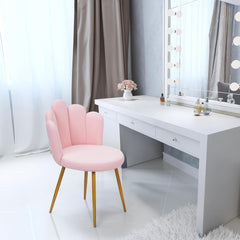 Vanity Chair for Makeup Room, Makeup Vanity Chair with Petal Shape, Nordic Style Velvet Chair with Back Support, Golden Legs for Living Room Bedroom Home Office Chair, Computer Pink