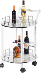 Bold Tones Round Wood Serving Bar Cart Tea Trolley with 2 Tier Shelves and Rolling Wheels, Silver, White and Gray