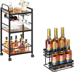 Bar Cart for The Home, 3 Tier Kitchen Carts with Wheels, Small Rolling Cart with Glass Holders, 6 Bottle Coffee Syrup Organizer Rack, 2 Tier Spice Rack Organizer